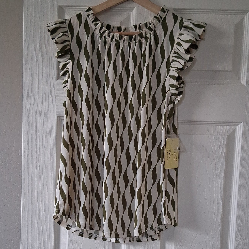 Chic Olive and White Ruffle Sleeve Blouse